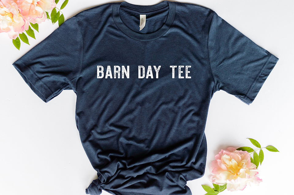 short sleeve navy blue graphic tee reading barn day tee in white lettering